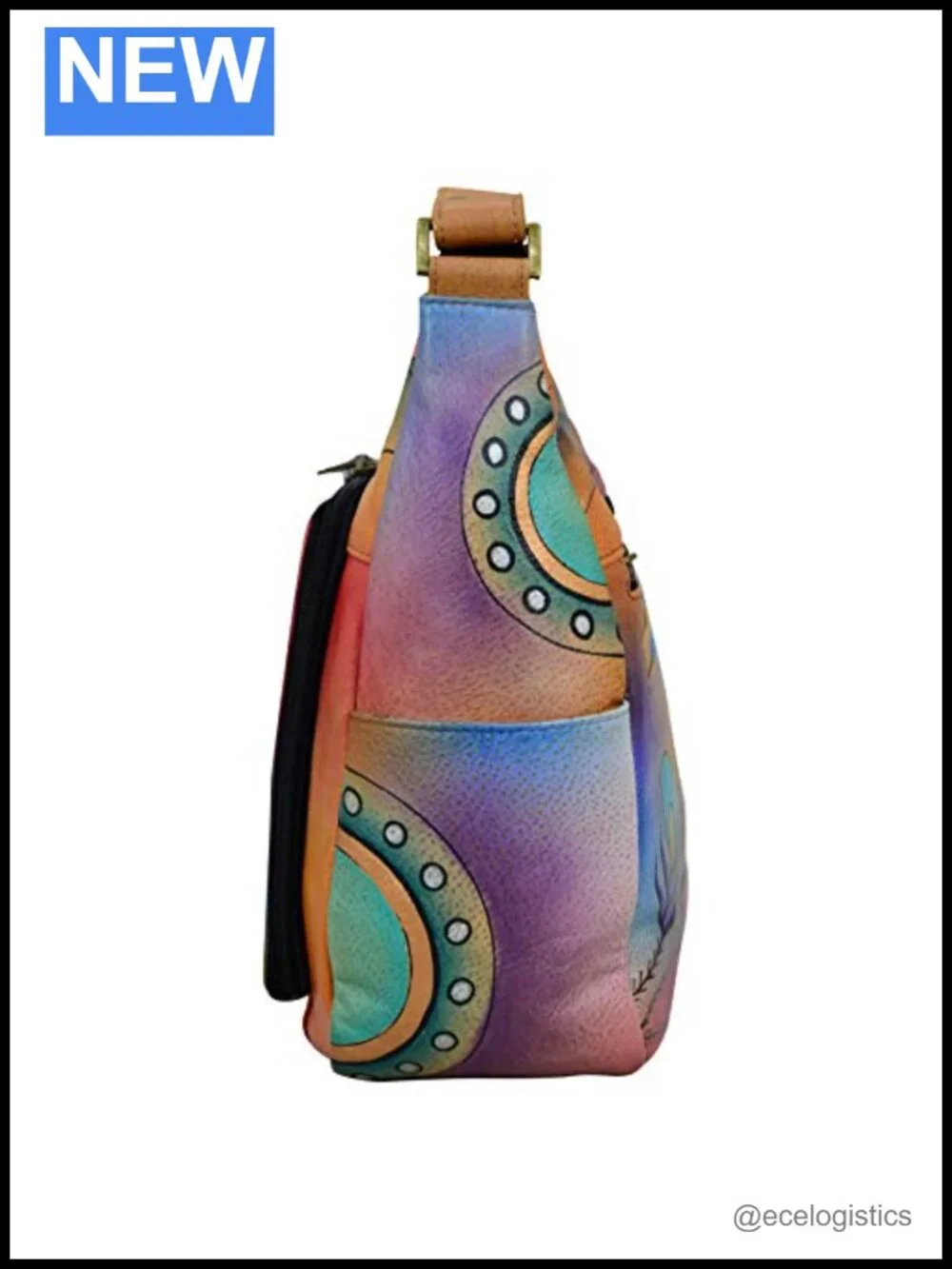 Hand-Painted Genuine Leather Hobo Bag - Zip-Top Organizer